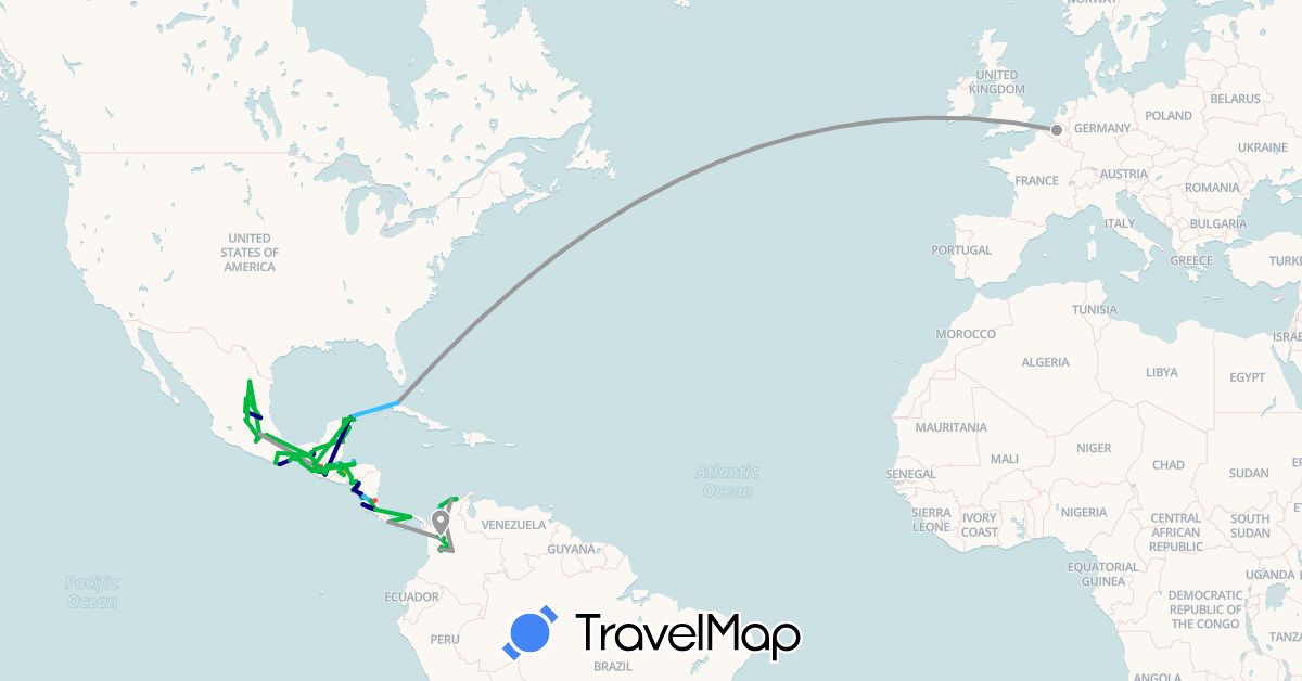 TravelMap itinerary: driving, bus, plane, hiking, boat, hitchhiking in Belgium, Colombia, Costa Rica, Cuba, Guatemala, Honduras, Mexico, Nicaragua, Panama (Europe, North America, South America)